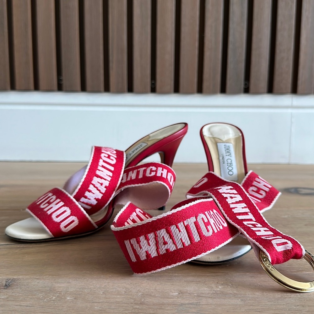 Jimmy Choo Red Canvas Bailey Ankle Wrap Sandals (8.5)